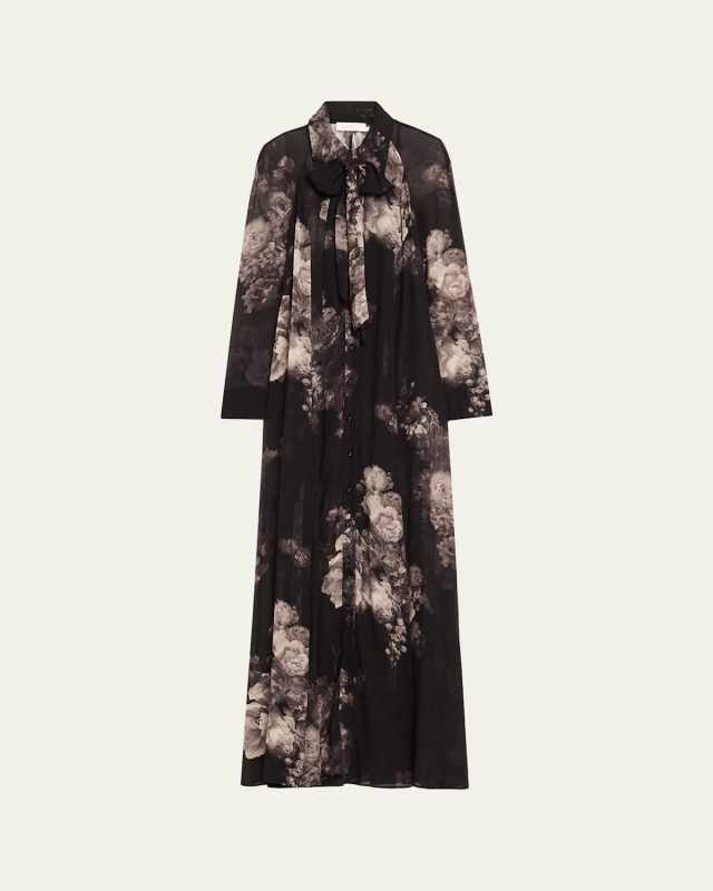 Long-Sleeve Floral Shirtdress with Bow